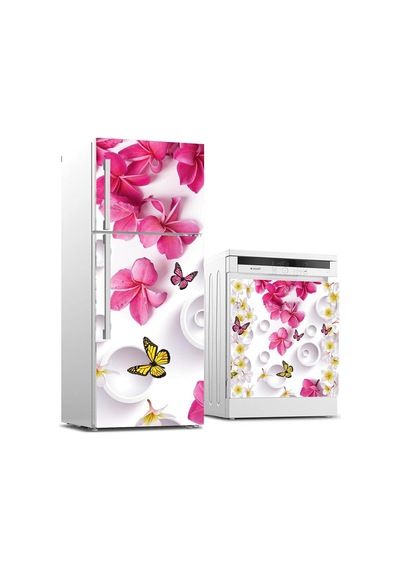 Buzdolabı Ve Bulaşık Makinası Beyaz Eşya Sticker Kaplama Pembe Çiçek Kelebek Diğer