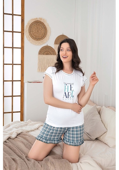 Guava Rahat Düğmesiz Kadın Bisiklet Yaka Yazlık Viskon Kısa Kol Mini Şortlu Pijama Takımı Beyaz