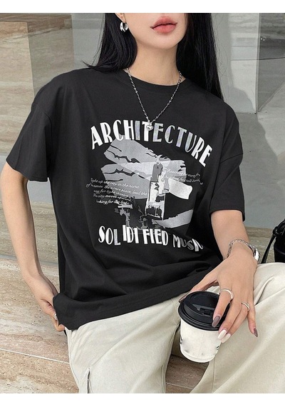 Architecture Süprem T-shirt - Siyah Baskılı Oversize Bisiklet Yaka Kısa Kol Tişört Siyah