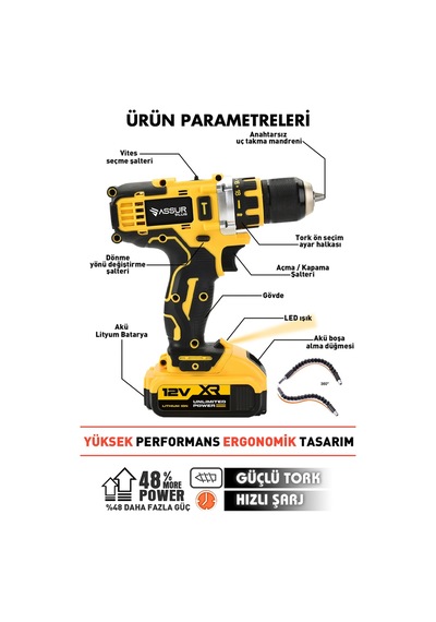 Assur ASR1026 12V Akülü Vidalama 12 Köşe 360 Lazer Hizalama Sarı