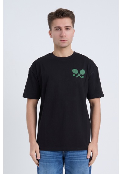 Velvoria Unisex Oversize Relaxed Tennis Baskılı Siyah Renk T-shirt