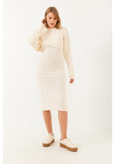 Shade Kadın Crop Triko Kazak Elbise Alt Üst Takım 60251816 - Bej