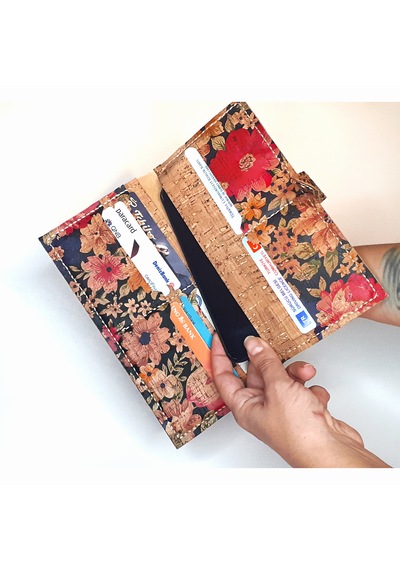 Vegan Mantar Derisinden Telefon Bölmeli Çiçek Desenli Kadın Clutch Cüzdan Kahverengi - Çok Renkli