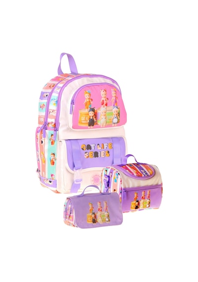 Kaukko Kids Cat Life Mor - Krem Renk Kız Çocuk Üçlü İlkokul Okul Çantası Seti/takımı - Setkk-l5313a