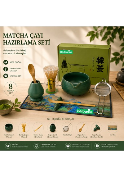 8 Parça Mat Zümrüt Yeşili Krem Tabanlı Renk Matcha Çayı Hazırlama Seti - Geleneksel Japon Matcha Seti