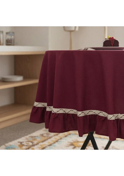 Dnc Home Tekstil Premium Keten Bordo Yuvarlak Fırfırlı Özel Seri Masa Örtüsü Bordo