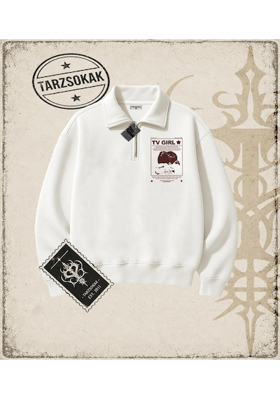 Tarzsokak Gotik & Grunge Streetwear Tv Grıl Star Yarım Fermuarlı Sweatshirt Beyaz