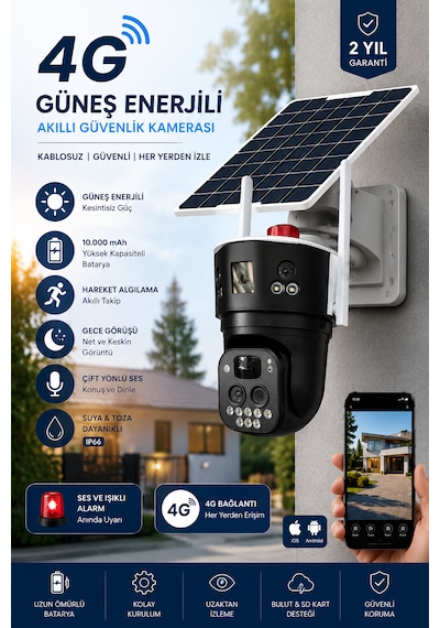 3x4mp 4+4+4 Güneş Panelli Kamera 4g Sim Kartlı 360 10x Zoom Akıllı Güvenlik Kamerası