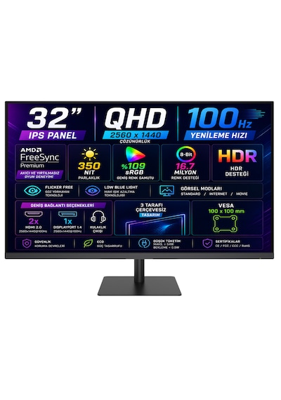 Ktc H32t13 32 5ms 100 Hz Hdmı+displayport Amd Freesync 2k Qhd 2560x1440 Ips Panel Monitör