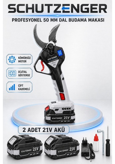 Dijital Kesim Göstergeli Dal Budama Bağ Makası 2 Adet 10 Pilli Batarya 50mm Bıçak Ağzı Kömürsüz Motor Gri-c77