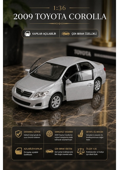 2009 Toyota Corolla Metal Model Araba 1:36 Ölçek Diecast Çek Bırak Gümüş Renk Açılabilir Kapılı Oyuncak Çok Renkli