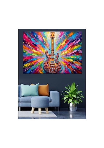 Renk Patlamalı Sanatsal Elektro Gitar Yağlı Boya Dokulu Kanvas Tablo Canvas Tablosu