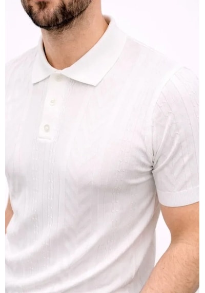 Erkek Yazlık Triko Tişört Kısa Kol Polo Yaka Düğmeli T-shirt - Beyaz