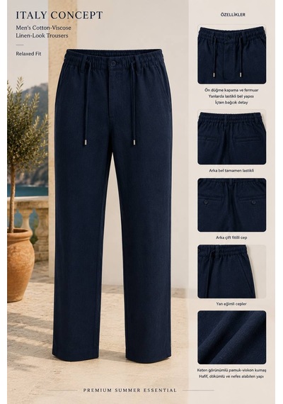 Danger Erkek Pamuk Viskon Kumaş Keten Görünümlü Lacivert Slim Fit Pantolon - 216dngr