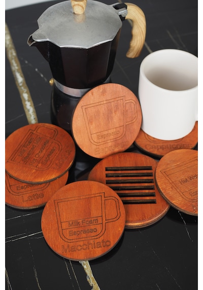 Kahve Temalı 6 Lı Ahşap Bardak Altlığı Seti Espresso/latte/cappuccino/mocha/americano/macchiato Meşe