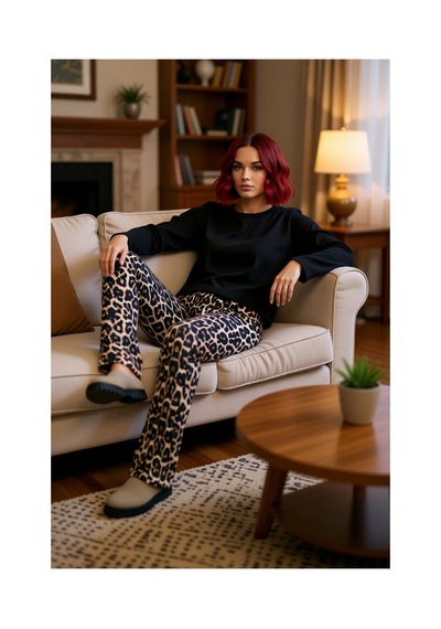 Ersefa Kadın Uzun Kollu Bisiklet Yaka Leopar Desenli Pijama Takımı Fonks Siyah