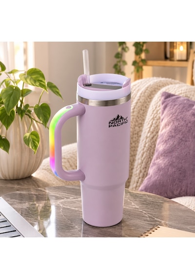 Led Işıklı Kulplu Pipetli Termos - 900 Ml Mor