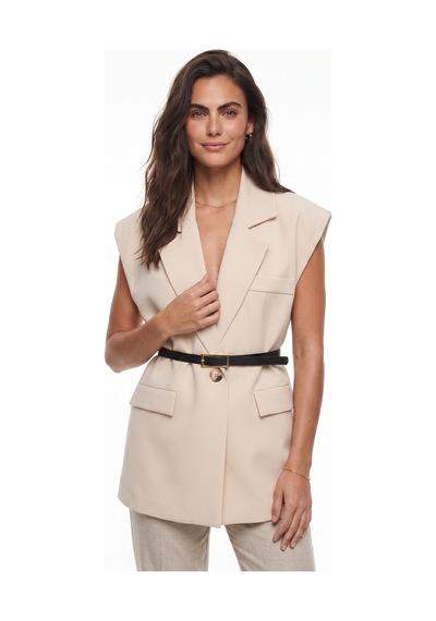 Onloox Kadın Bej Bej Pamuklu Kemerli Oversize Vatkalı Astarlı Cep Detaylı Blazer Yelek