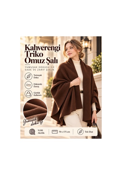 Comerciante Kahverengi Düz Triko Kadın Omuz Şalı Yumuşak Dokulu Kışlık Şal 70x175 Cm %100 Akrilik Kahverengi - 930337046 Kahverengi