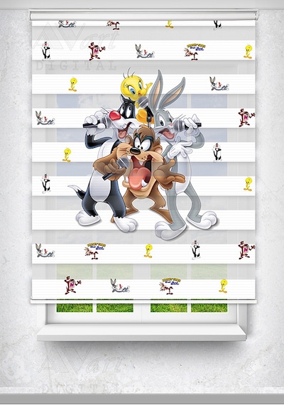 Tweety Ve Sylvester Baskılı Çocuk Odası Perdesi - Dijital Baskılı Zebra Stor Perde Çok Renkli