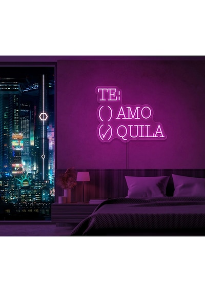 Te:amo/quıla Yazılı Ve Şekilli Neon Tabela Pembe