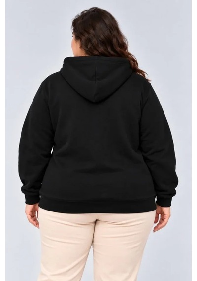 Battal Büyük Beden Üç İplik İçi Şardonlu Kapüşonlu Kanguru Cepli Kışlık Sweatshirt - Siyah