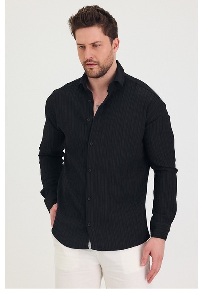 Tarz Cool Erkek Kendinden Çizgi Detaylı Slim Fit Dar Kalıp Uzun Kol Gömlek Siyah