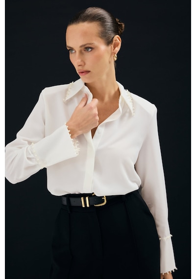 Sateen İşlemeli Gömlek - Ekru-137334