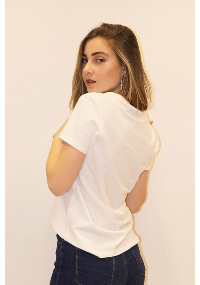 Rich Kadın Bisiklet Yaka T-shirt %100 Pamuk Tişört Beyaz