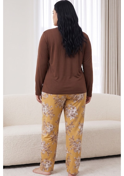 Siyah İnci Düğmeli Pamuklu Likralı Büyük Beden Battal Boy Örme Pijama Takım 26240958 Kahverengi
