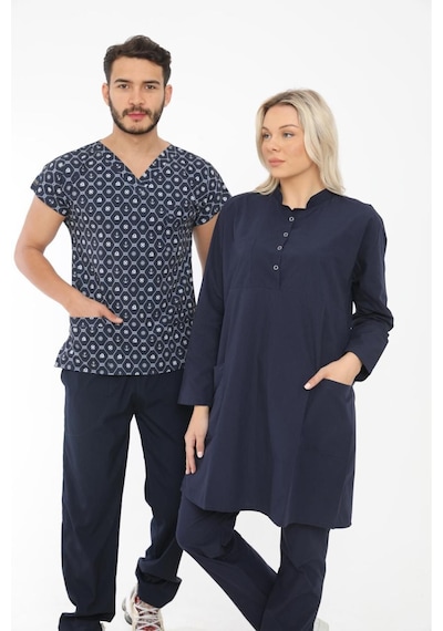 Likralı Cerrahi, Doktor, Hemşire, Veteriner, Dişçi, Desenli, Koyu Renkli Forma Tek Üst Scrubs Çapa