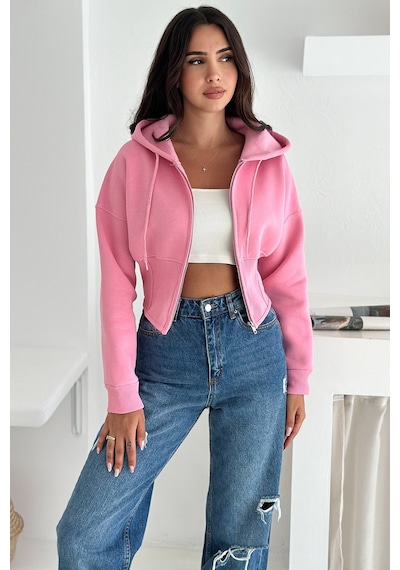 Kadın Siyah Fermuarlı Hoodie Minimal Sokak Ruhuyla Pembe
