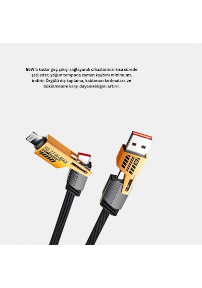 Usb-c Usb-a 4 Ü 1 Arada Örgülü Kablo 65w Hızlı Şarj Metal Uç Dayanıklı 46889121