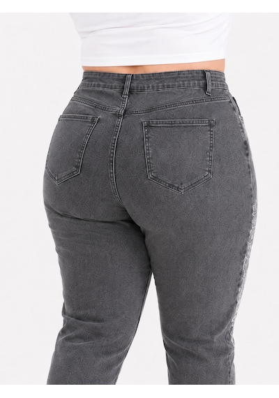 Trieste Büyük Beden Yıkamalı Denim Dantel Aplikeli İnci Taş Detaylı Kadın Pantolon Siyah