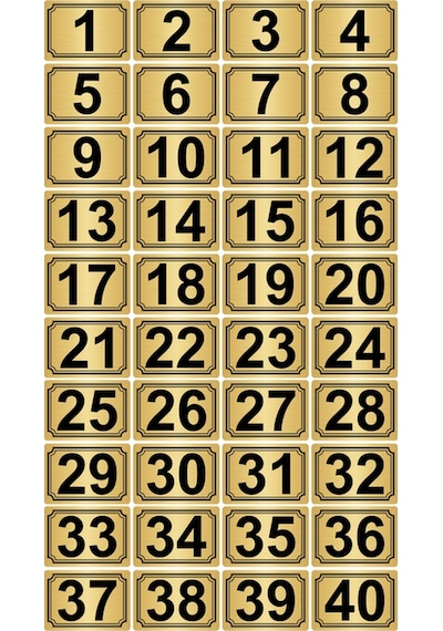 3,5x5cm Metal Yapışkanlı Numara (1..40) 40 adet Altın Renk Metal