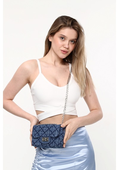 İcone Bag Denim Yıkamalı Kapitone Kadın Çanta, Dikişli Zincir Askılı Günlük Çanta, Kot Çanta Kot Lacivert