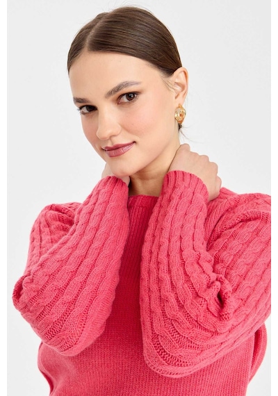 Desen Triko Kadın Sıfır Yaka Kolu Saç Örgü Yün Kazak 23201 Y.ş. Pembe Koyu Pembe