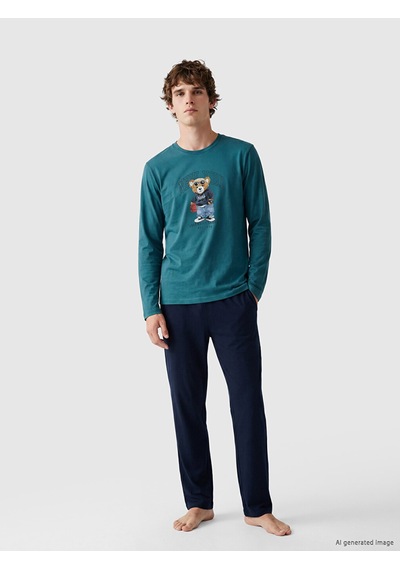 Lc Waikiki Lc Waıkıkı Petrol Regular Fit Teddy Baskılı Erkek Pijama Takımı
