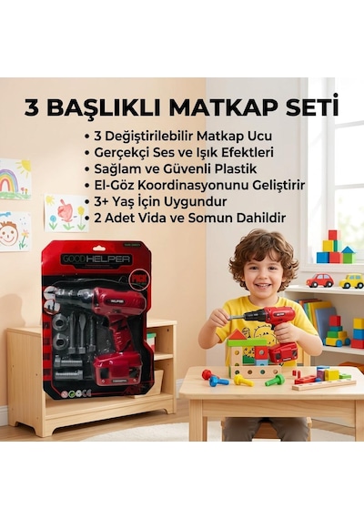 Pille Çalışan 3 Farklı Uçlu 2 Vida 2 Somonlu Tamirci Temalı Matkap Oyuncak İş Aleti