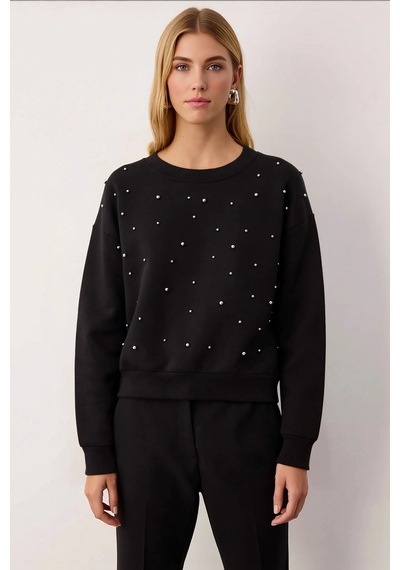 Benerly Kadın Bisiklet Yaka Düşük Kol Regular Örme Sweatshirt Fonksiyonel siyah