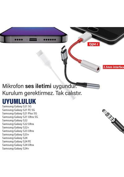 Samsung  Uyumlu S23 Fe-ultra-plus 3.5mm Kulaklık Çevirici Dönüştürücü Typec