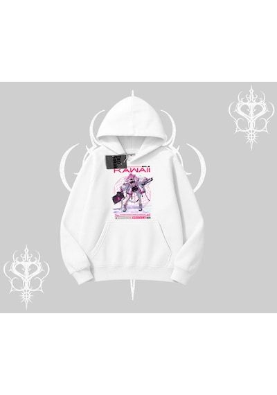 Kapşonlu Sweatshirt Kawaii Cyberpunk Kız Japon Stil Baskı Beyaz