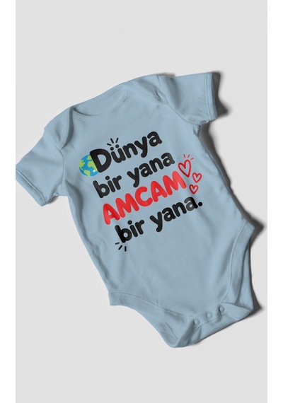 Morivokids Dünya Bir Yana, Amcam Bir Yana Kısa Kollu Bebek Body %100 Pamuk Bebe Mavisi