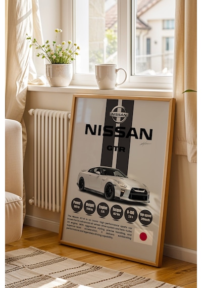 Nissan Gt-r R35 Premium Spor Araba Çerçeveli Tablo - Teknik Özellikli Jdm Otomobil Duvar Dekoru Kayın
