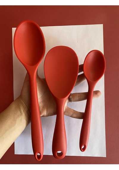 Tr Sert Uçlu Isıya Dayanıklı Silikon Kaşık Seti, 28 Cm-20 Cm-22 Cm, Kırmızı