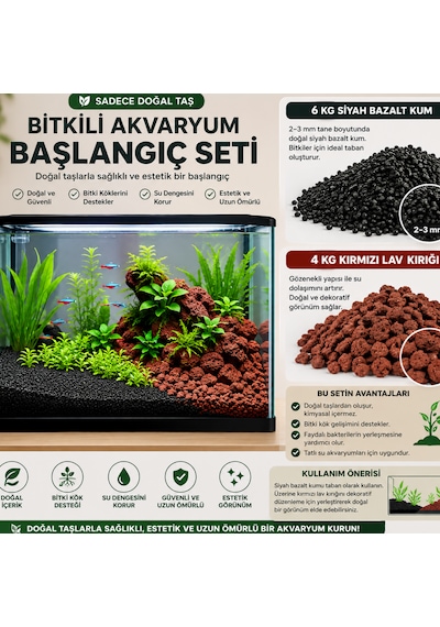 Bitkili Akvaryum Başlangıç Zemin Kum Seti Toplam 10 Kg - 6 Kg Siyah Bazalt Zemin Kumu + 4 Kg Volkanik Taş Kırığı - Bitki Dahil Değildir