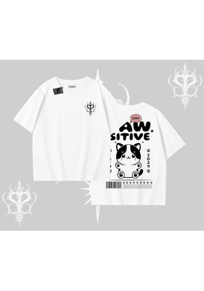Tarzsokak Paw Sitive Kedi Arka Baskılı Oversize Tshirt Beyaz