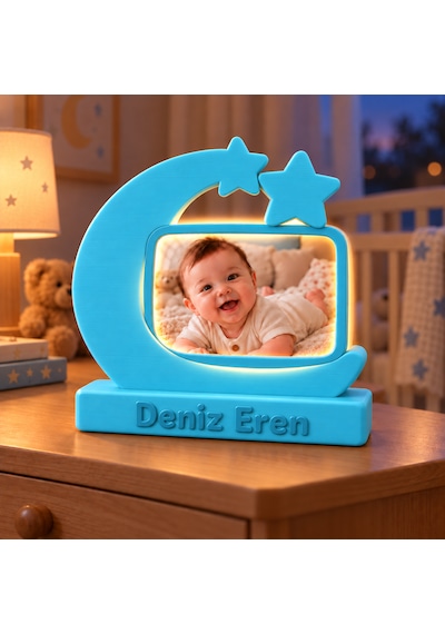 Sehmira Kişiye Özel Led Işıklı Ay Yıldız Fotoğraf Lambası Açık Mavi