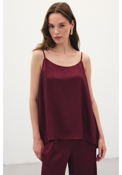 Sateen Askılı Saten Bluz - Bordo-136353 Bordo