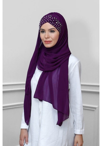 Hürrem Bone Mürdüm Pratik Hazır Geçmeli Bone Şal Şifon Kendinden Boneli Taşlı